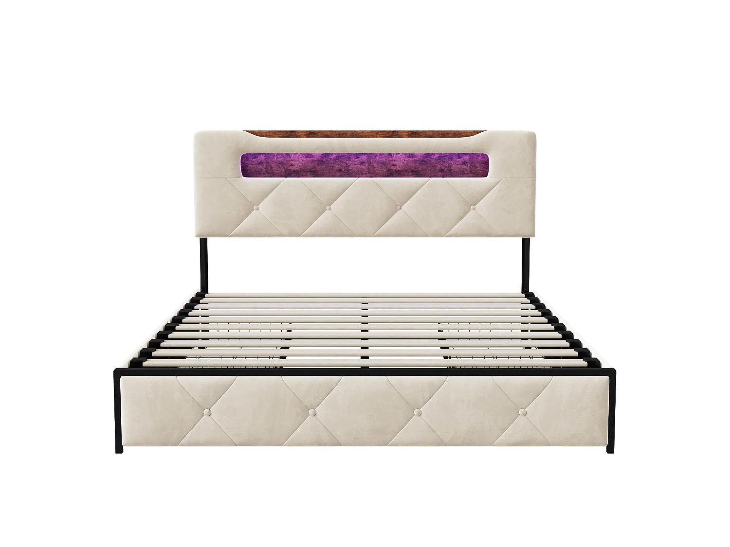 Lit Coffre 140x190 cm Beige en Velours, Lit Double Rembourré avec Tiroirs de Rangement, Tête de Lit avec Étagère et LED, Cadre de Lit avec Sommier