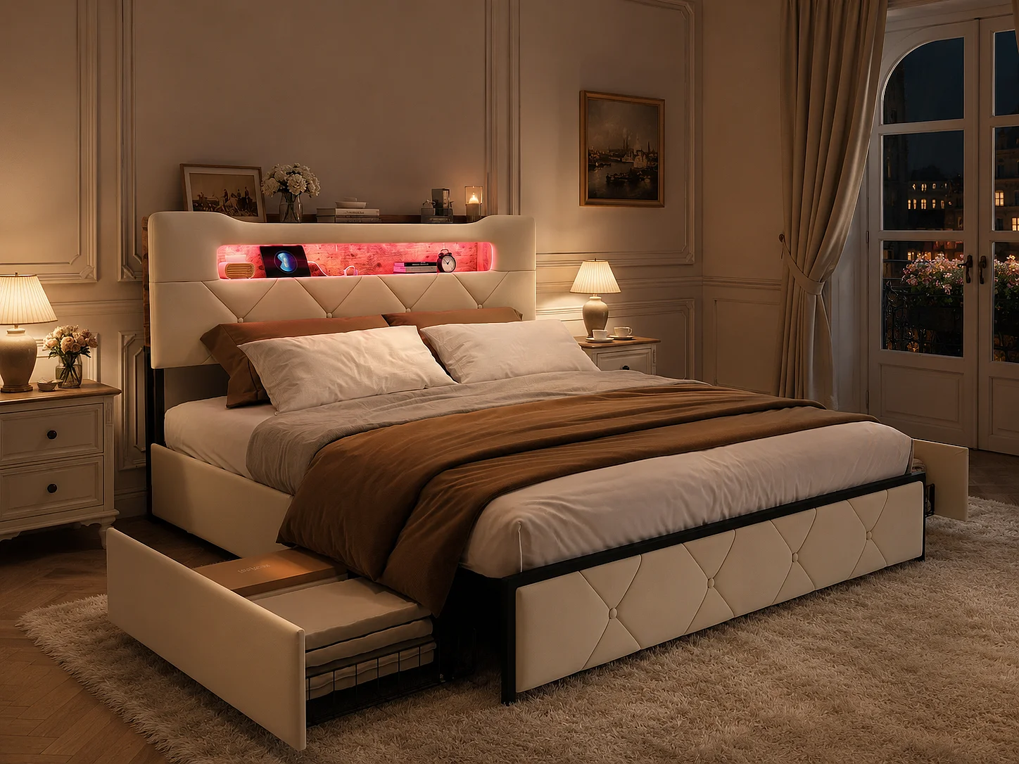 Lit avec 4 tiroirs 140x190 cm - LED, USB et tête de lit avec rangement - Beige
