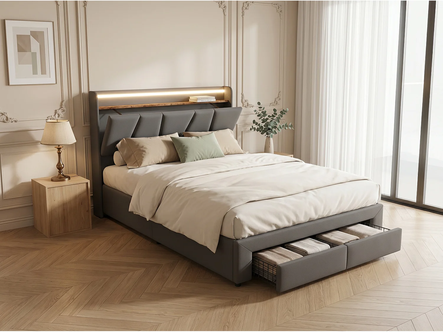 Lit rembourré 140x200 cm - LED et USB - tête de lit avec rangement - 2 tiroirs - cadre métal et bois gris
