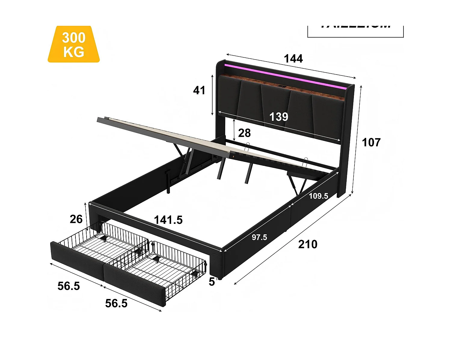Lit rembourré 140x200 cm - LED et USB - tête de lit avec rangement - 2 tiroirs - cadre métal et bois gris