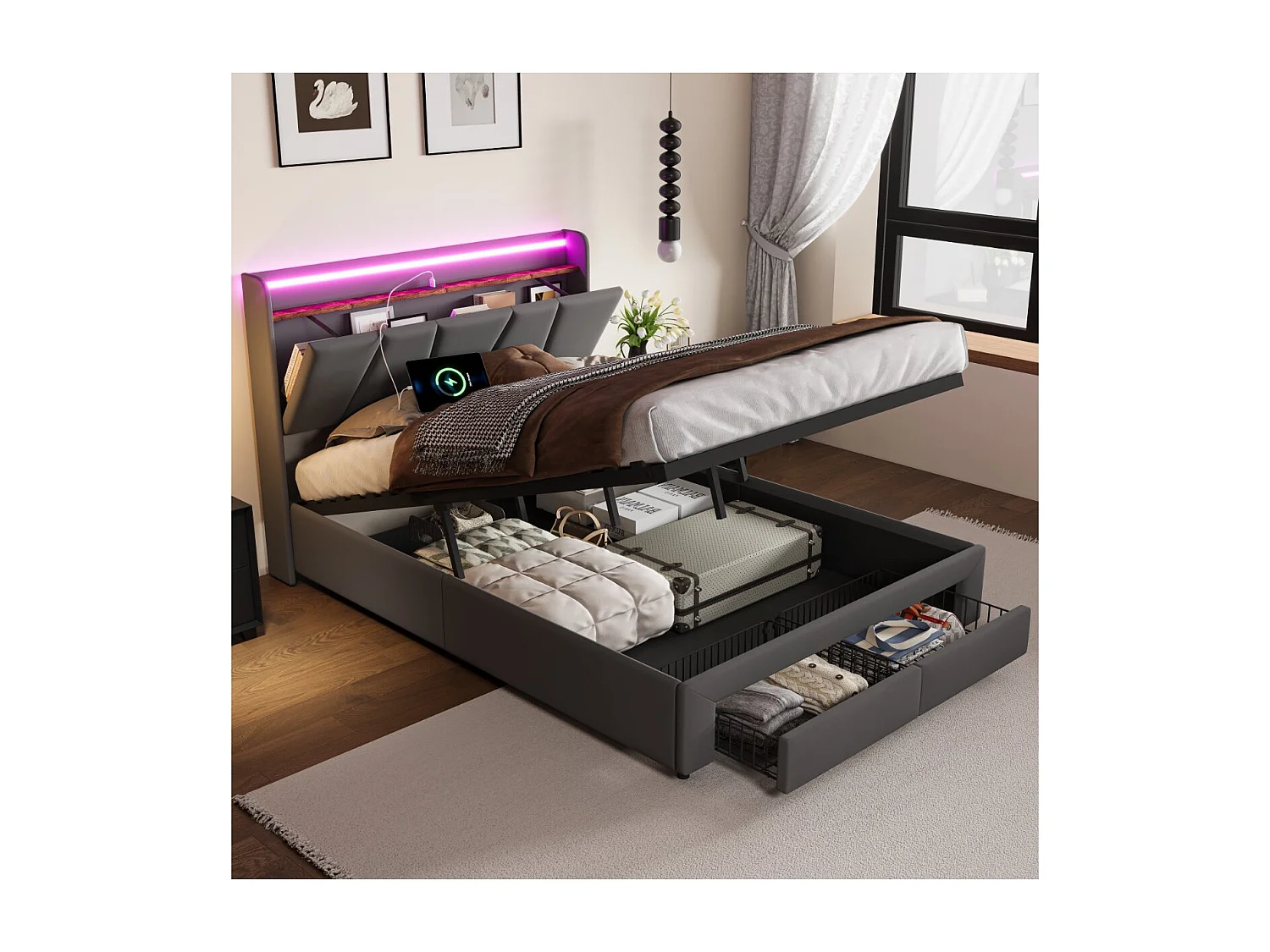 Lit rembourré 140x200 cm - LED et USB - tête de lit avec rangement - 2 tiroirs - cadre métal et bois gris
