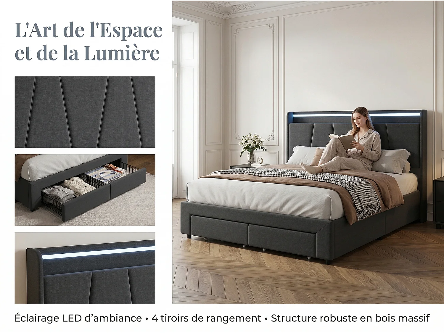 Lit rembourré 140x200 cm - LED et USB - tête de lit avec rangement - 2 tiroirs - cadre métal et bois gris