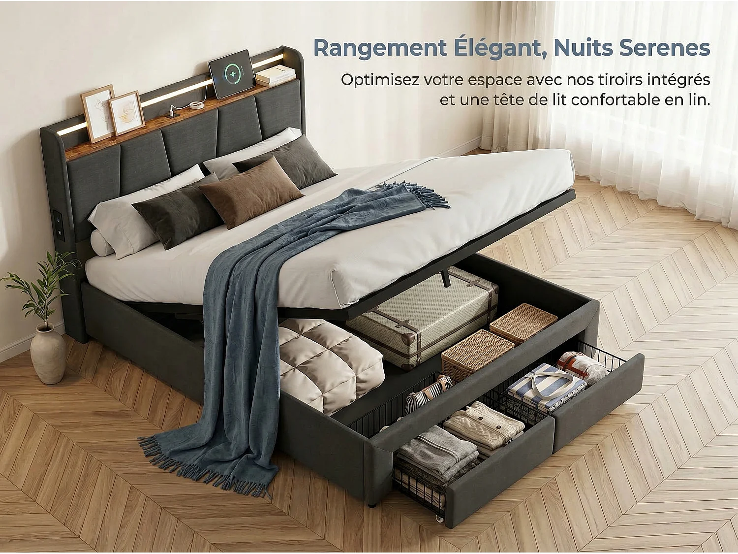 Lit rembourré 140x200 cm - LED et USB - tête de lit avec rangement - 2 tiroirs - cadre métal et bois gris