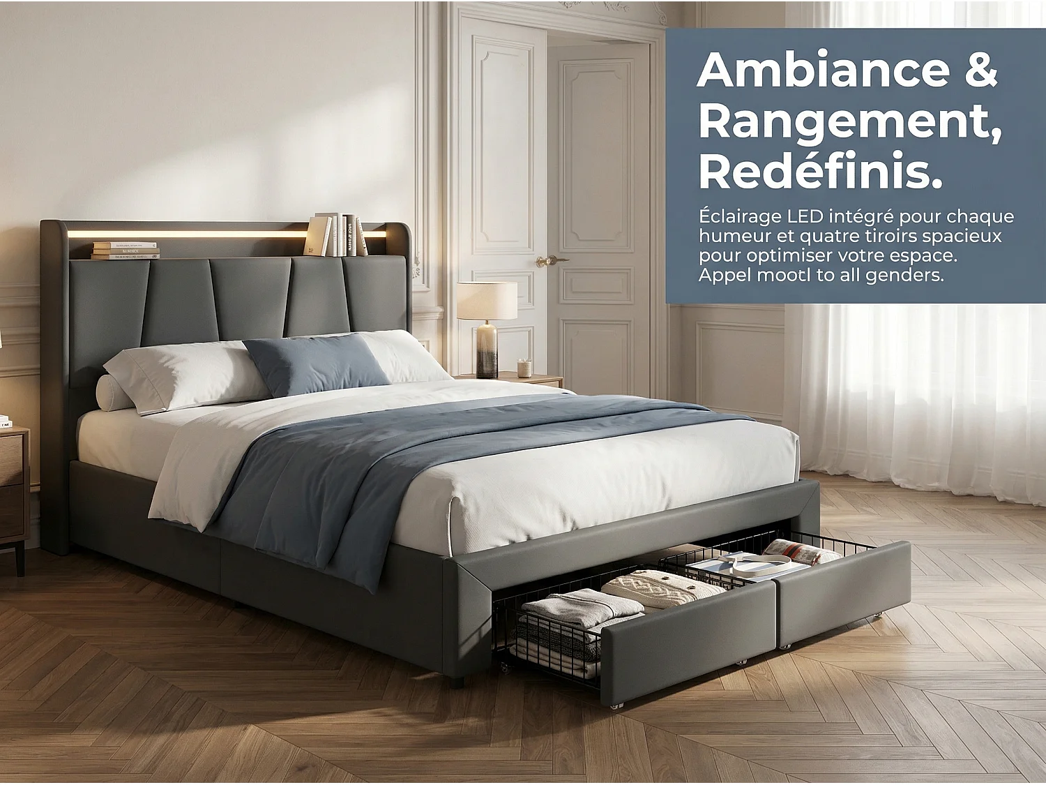 Lit rembourré 140x200 cm - LED et USB - tête de lit avec rangement - 2 tiroirs - cadre métal et bois gris