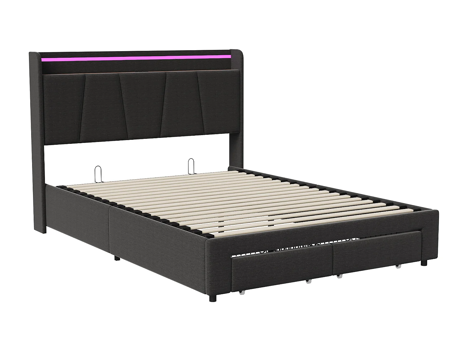 Lit rembourré 140x200 cm - LED et USB - tête de lit avec rangement - 2 tiroirs - cadre métal et bois gris