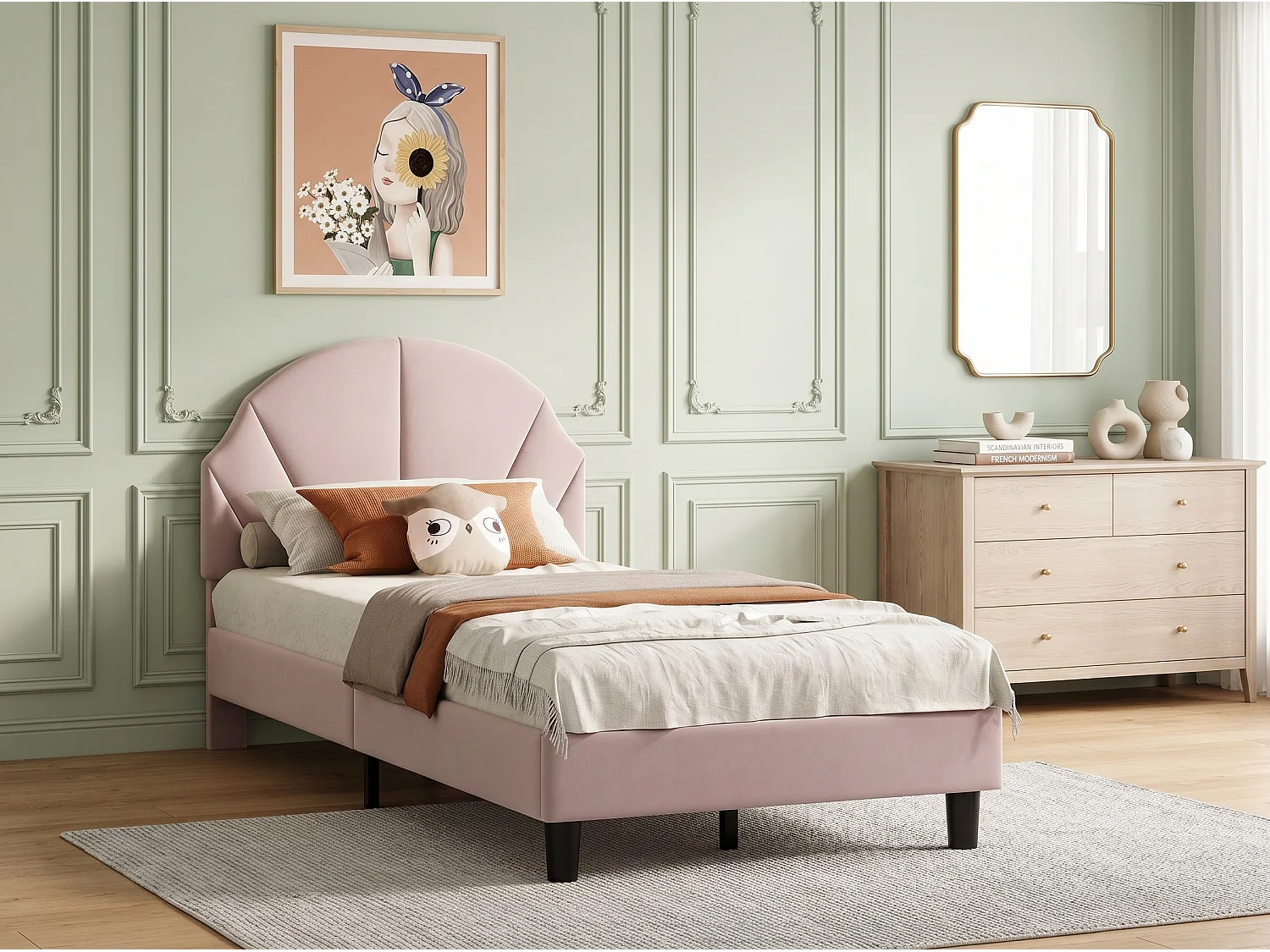 Lit enfant en velours - 90 x 190 cm - tête de lit coquillage rembourrée - Rose