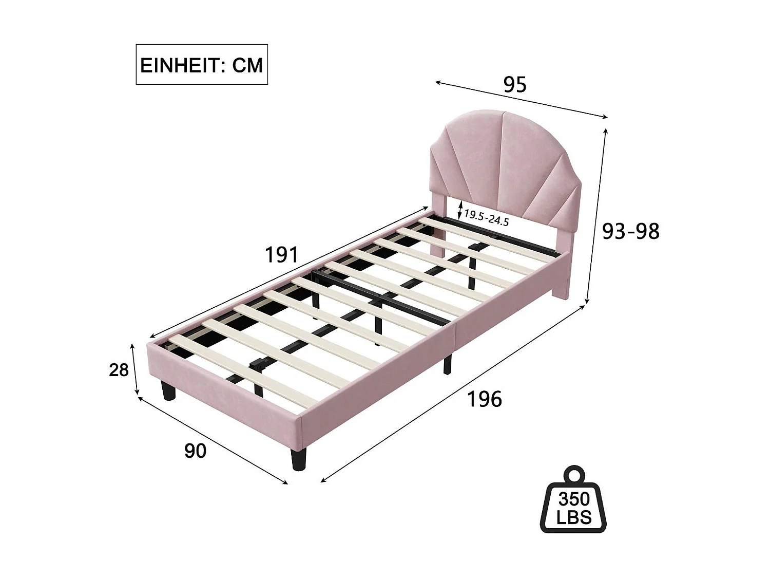 Lit enfant en velours - 90 x 190 cm - tête de lit coquillage rembourrée - Rose
