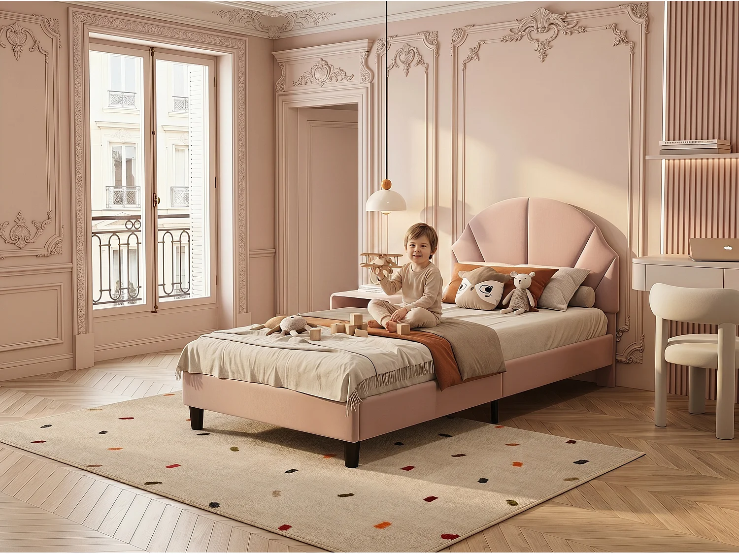 Lit enfant en velours - 90 x 190 cm - tête de lit coquillage rembourrée - Rose