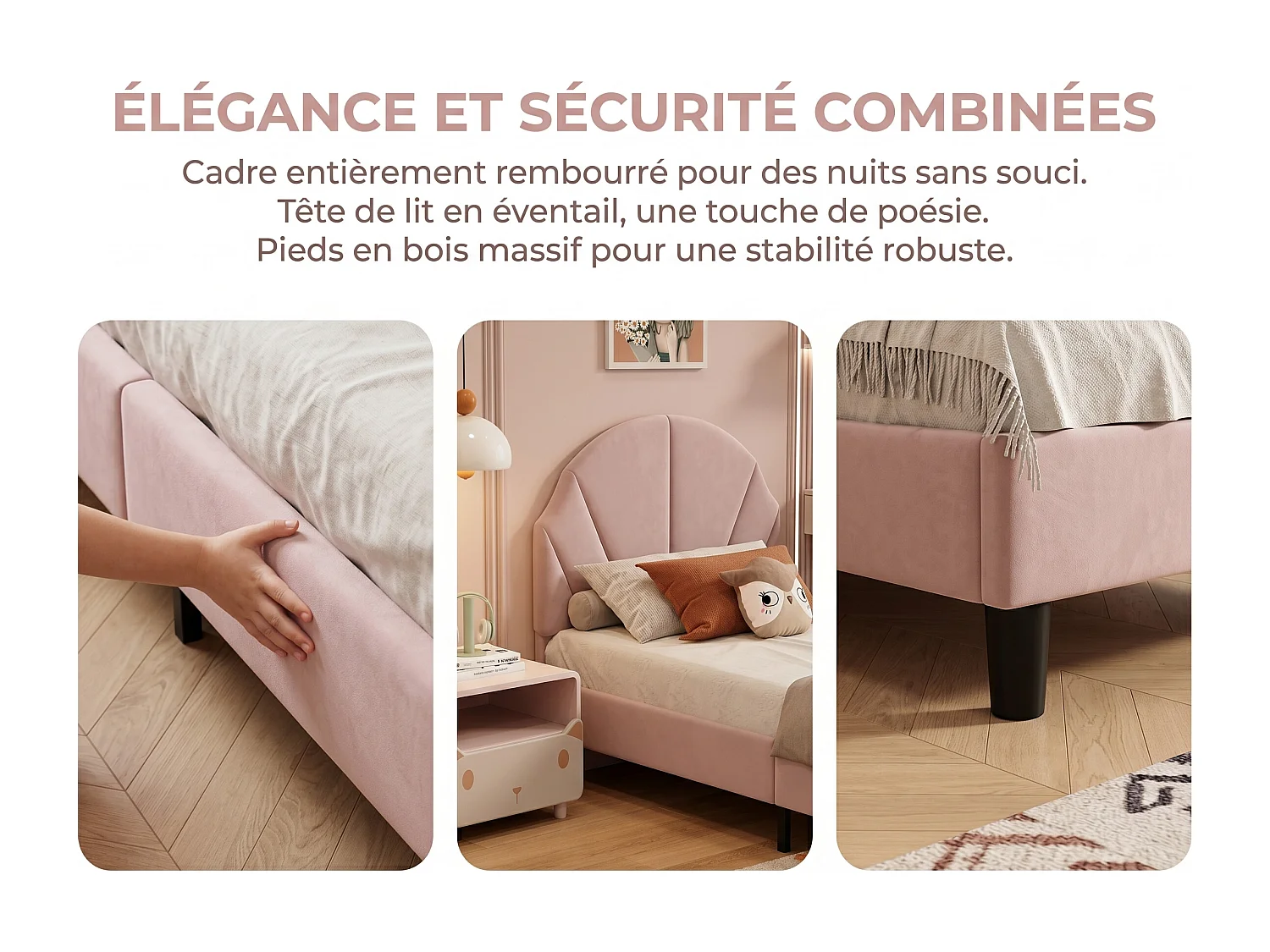 Lit enfant en velours - 90 x 190 cm - tête de lit coquillage rembourrée - Rose
