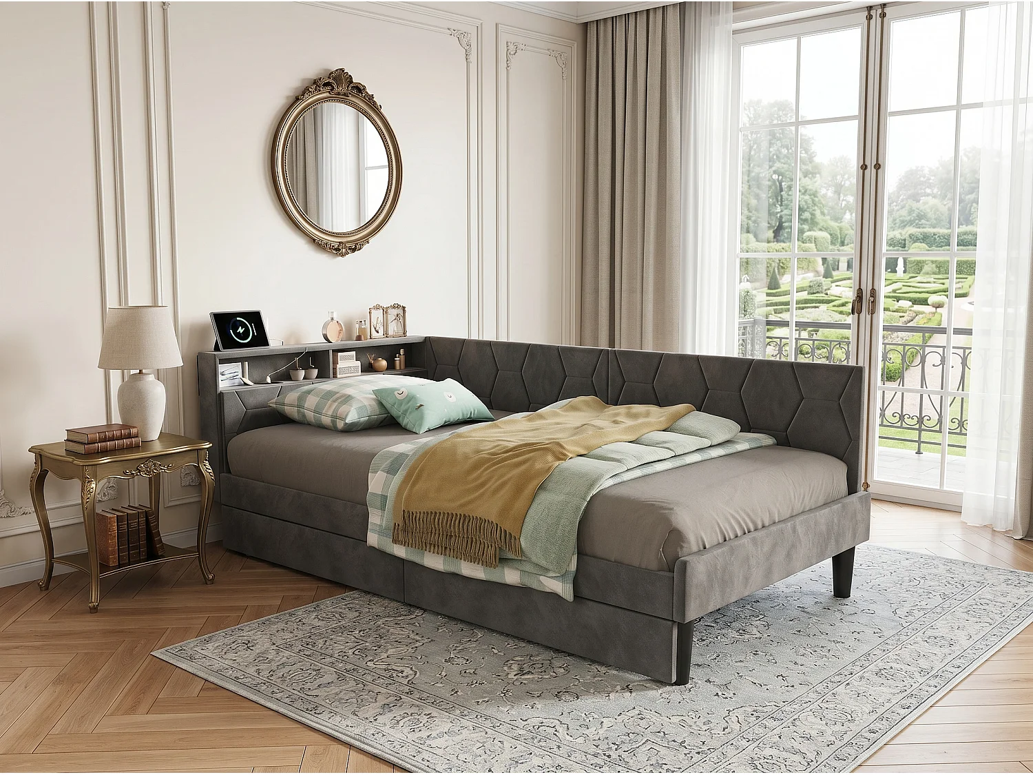 Lit enfant en velours - 90 x 190 cm - tête de lit coquillage rembourrée - Rose