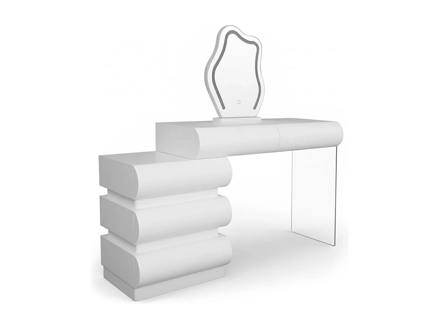 Coiffeuse extensible 101-140cm avec 5 tiroirs arrondis et miroir design Mezade Blanc