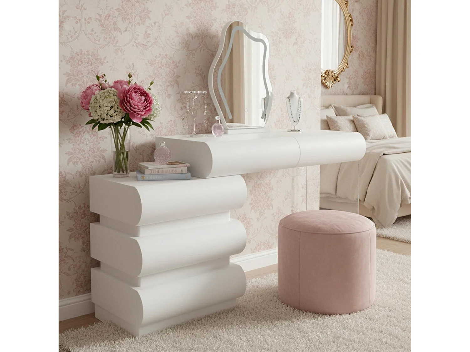Coiffeuse extensible 101-140cm avec 5 tiroirs arrondis et miroir design Mezade Blanc