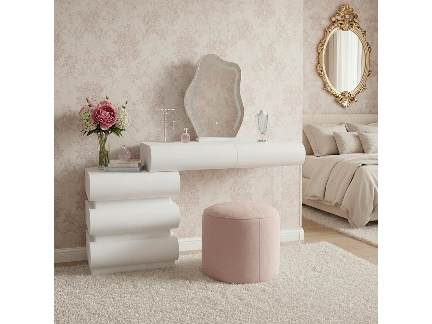 Coiffeuse extensible 101-140cm avec 5 tiroirs arrondis et miroir design Mezade Blanc