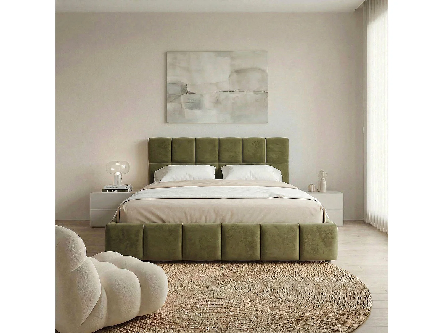 Lit Double EMILIA, Rembourré 140 x 200 cm, Vert, avec Sommier à Lattes Inclus, Design Bubble, Tête de Lit Capitonnée
