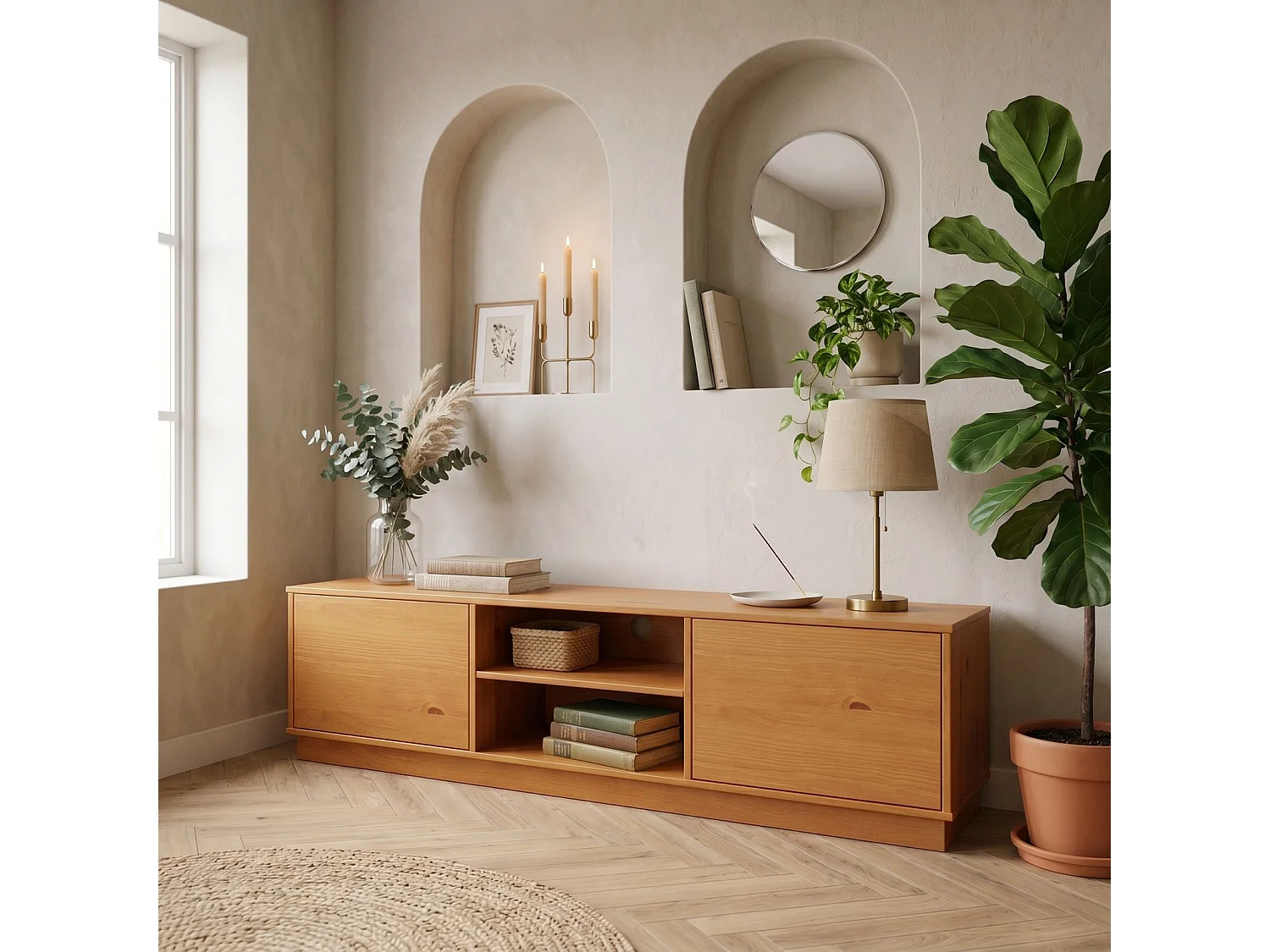 Meuble TV MAITE L 170 cm en Bois Massif Coloris Chêne avec 2 Portes et 2 Niches Pour Télé Jusqu’à 75", Portes Push-to-Open