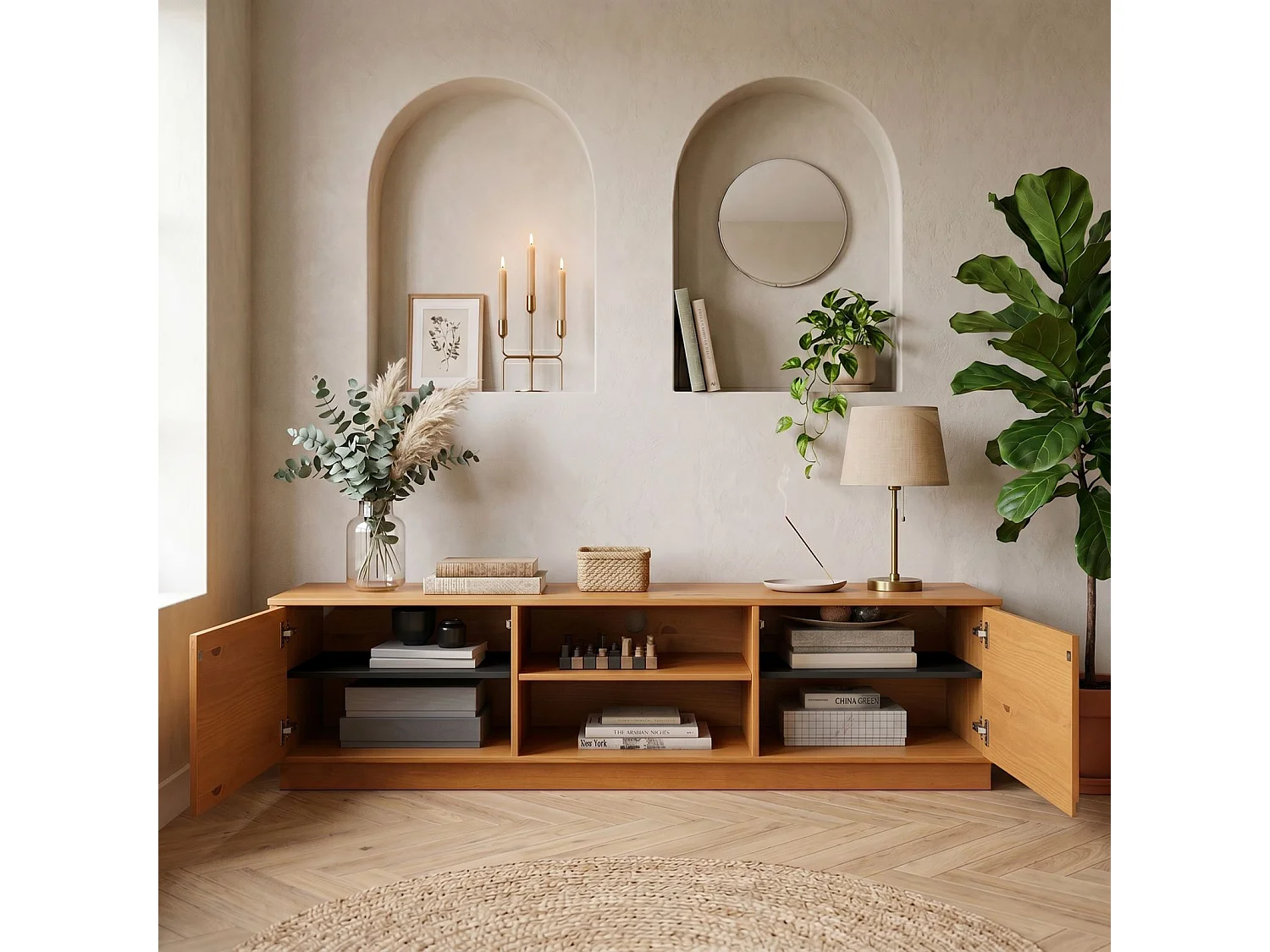 Meuble TV MAITE L 170 cm en Bois Massif Coloris Chêne avec 2 Portes et 2 Niches Pour Télé Jusqu’à 75", Portes Push-to-Open