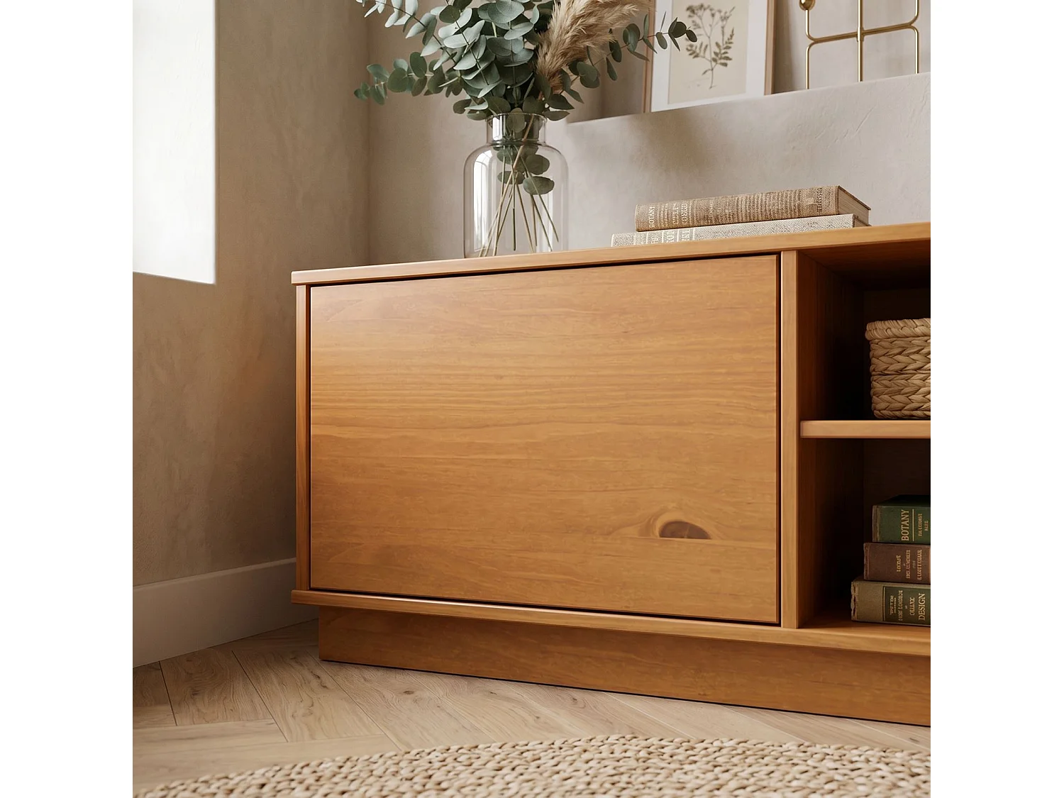 Meuble TV MAITE L 170 cm en Bois Massif Coloris Chêne avec 2 Portes et 2 Niches Pour Télé Jusqu’à 75", Portes Push-to-Open