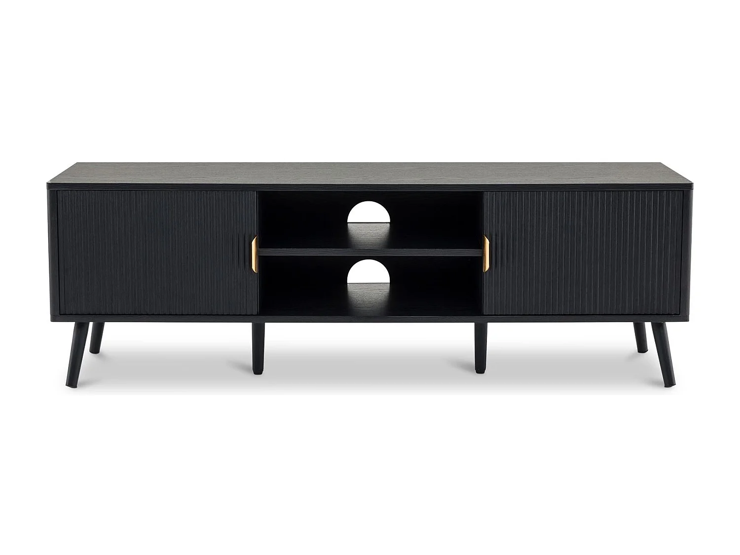 Meuble TV ALMA L 137 cm avec 2 Portes et 2 Niches en Bois Noir Style Cannelé, Design Moderne et Façade Rainurée, Poignées en Métal