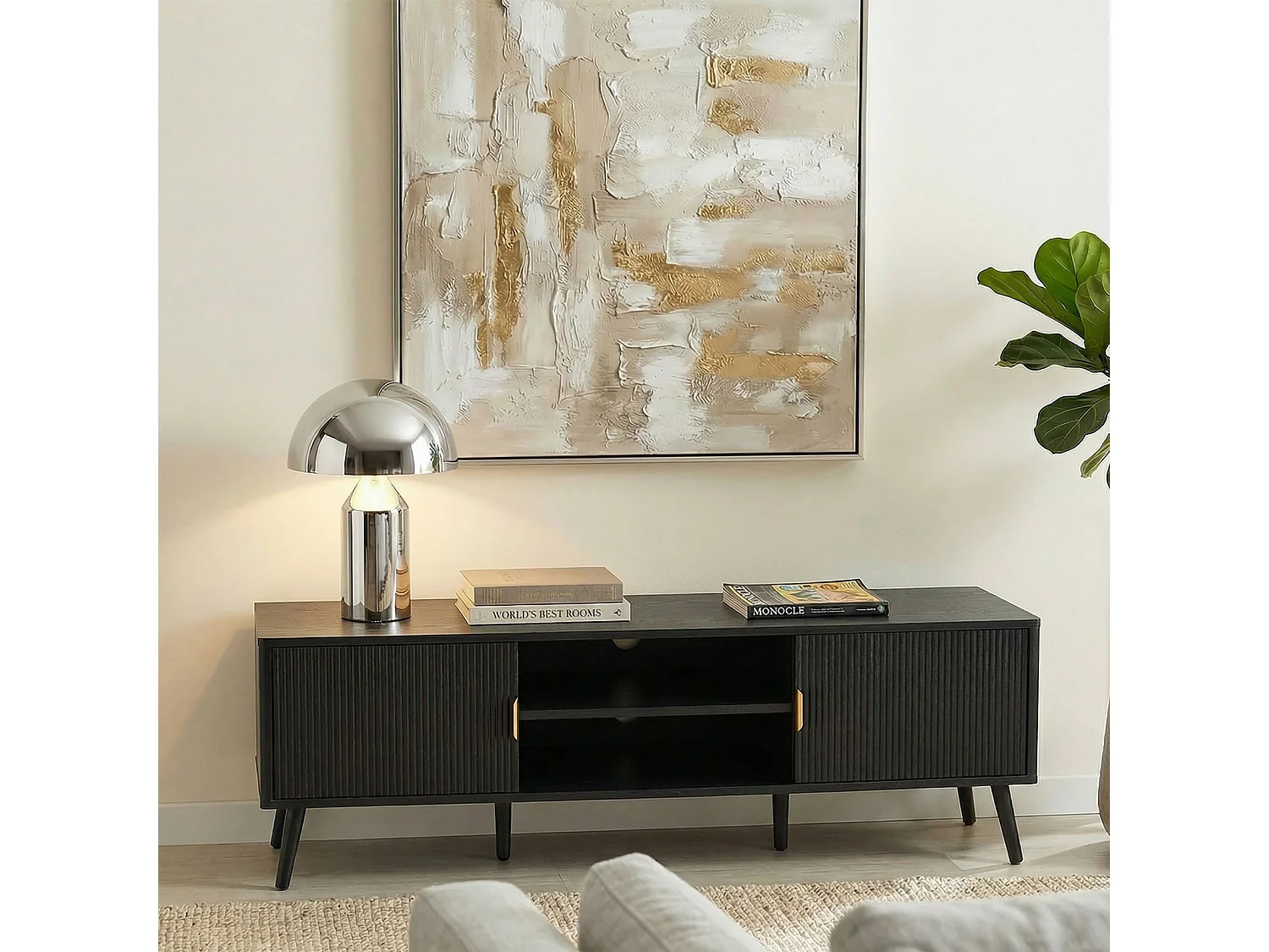 Meuble TV ALMA L 137 cm avec 2 Portes et 2 Niches en Bois Noir Style Cannelé, Design Moderne et Façade Rainurée, Poignées en Métal