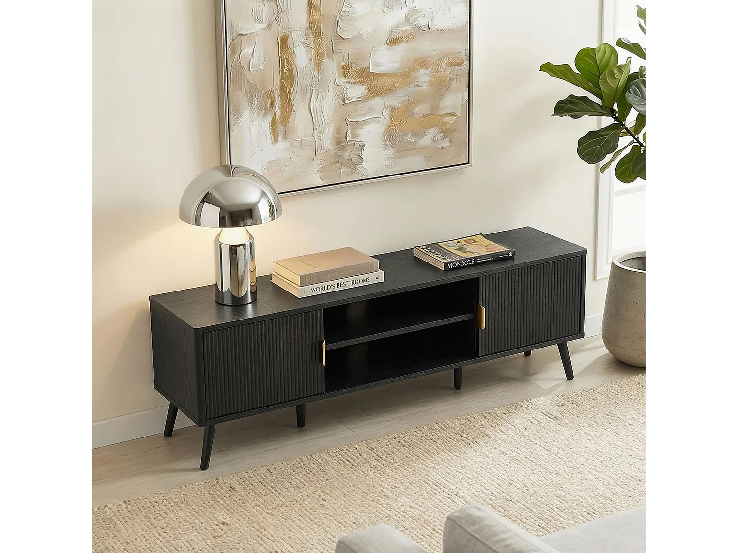 Meuble TV ALMA L 137 cm avec 2 Portes et 2 Niches en Bois Noir Style Cannelé, Design Moderne et Façade Rainurée, Poignées en Métal