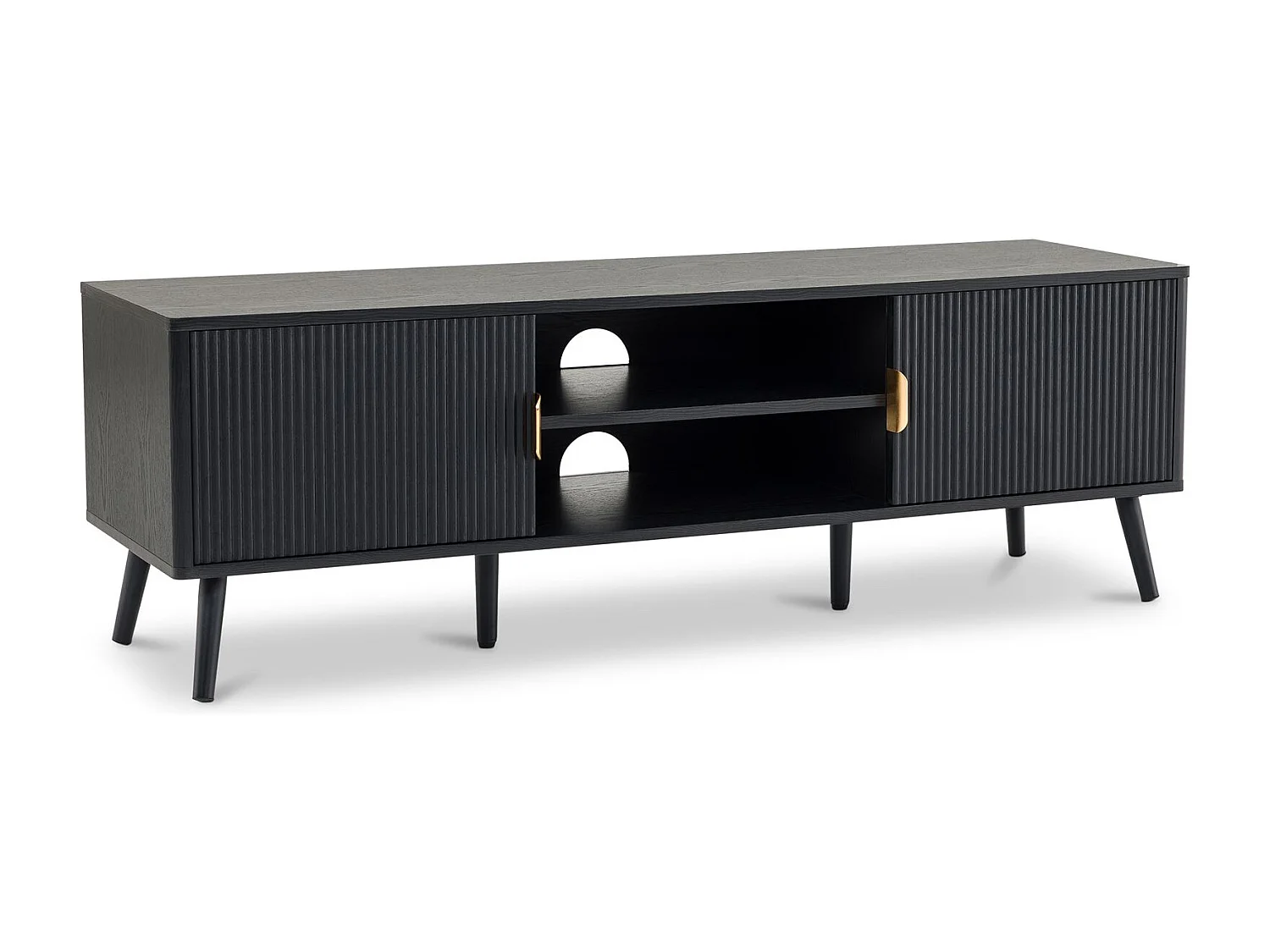 Meuble TV ALMA L 137 cm avec 2 Portes et 2 Niches en Bois Noir Style Cannelé, Design Moderne et Façade Rainurée, Poignées en Métal