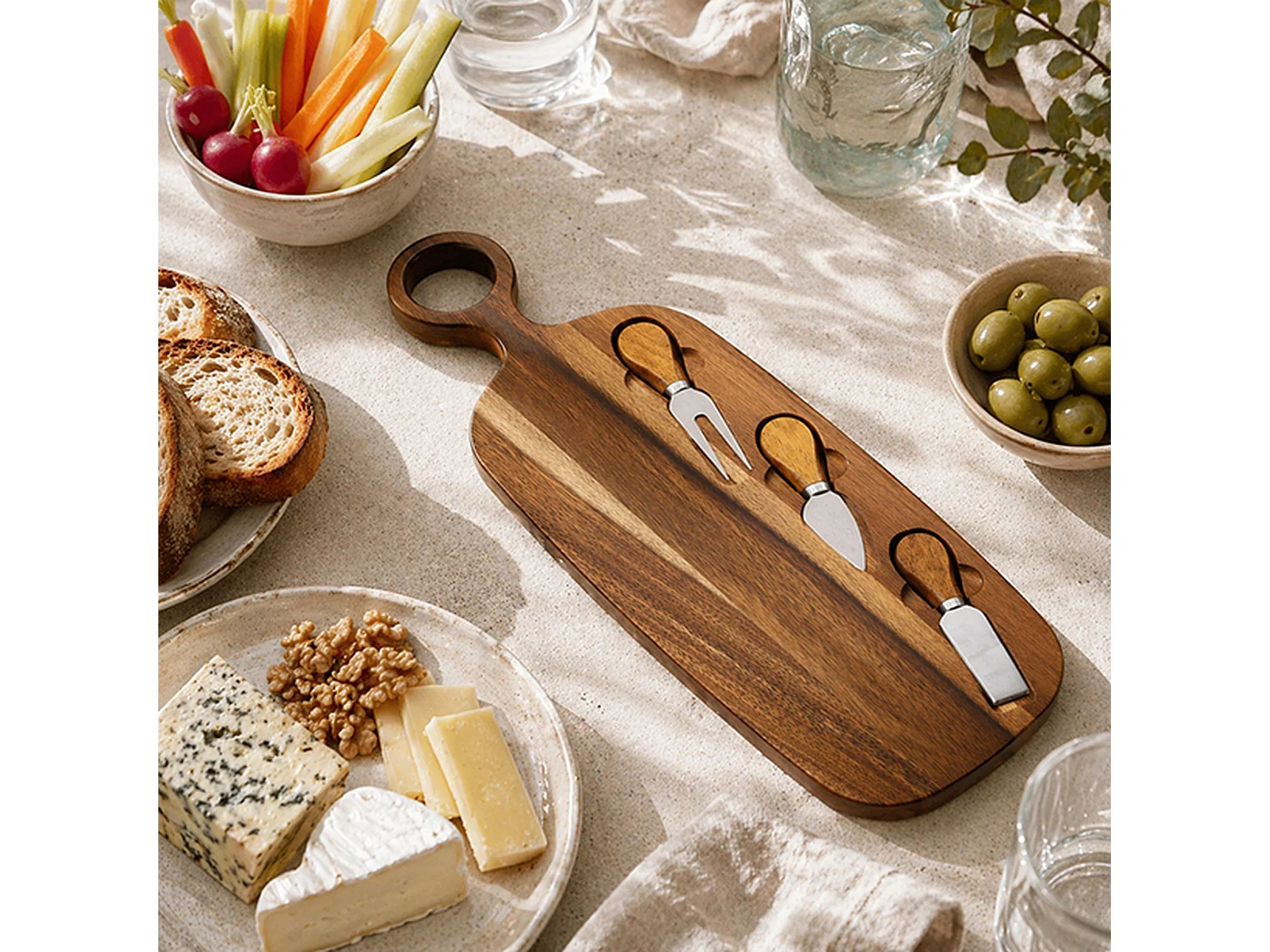 Novastyl - Planche à Découper Copa 49x16cm En Bois D'acacia Avec 3couteaux à Fromage