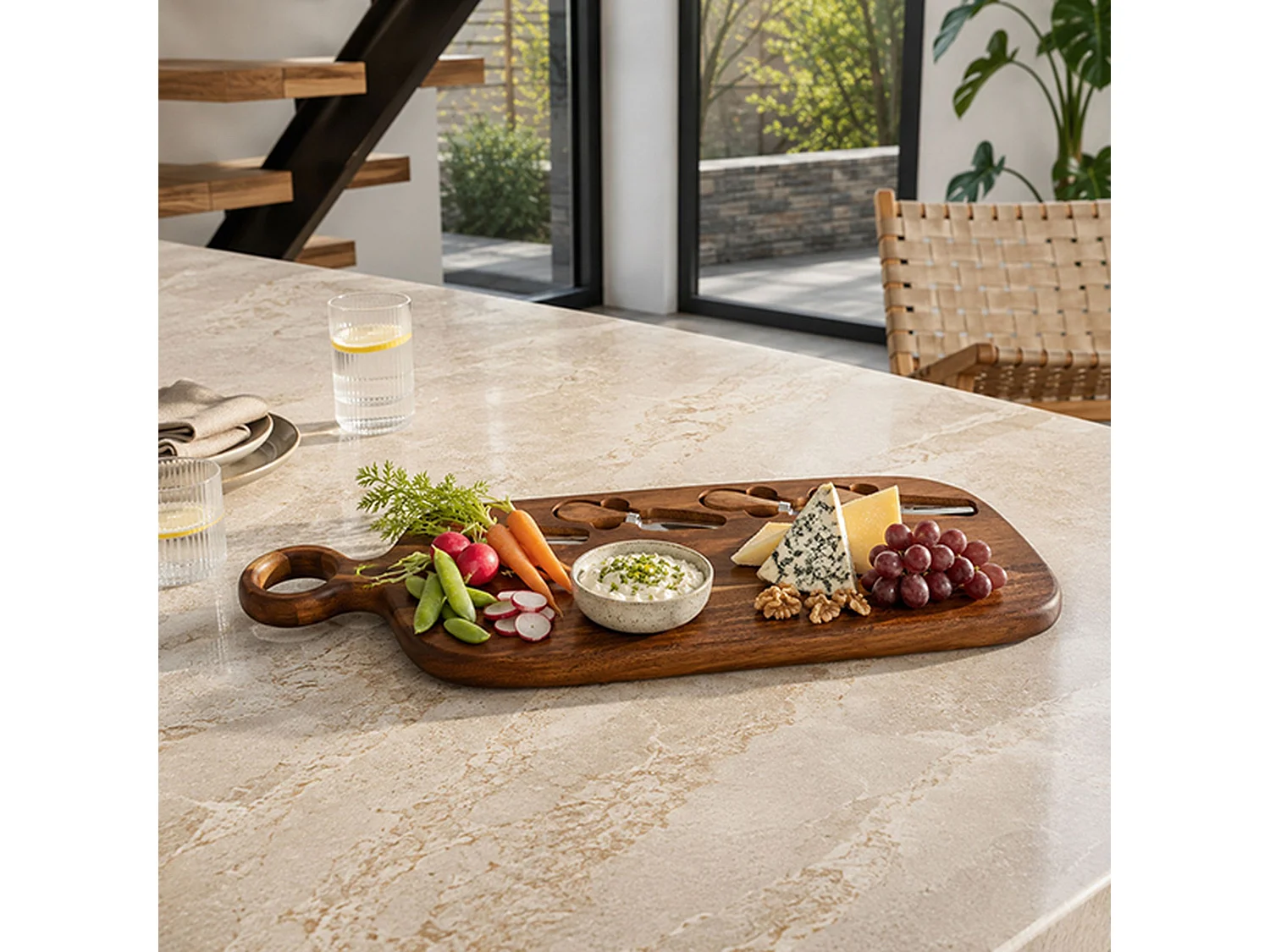 Novastyl - Planche à Découper Copa 49x16cm En Bois D'acacia Avec 3couteaux à Fromage