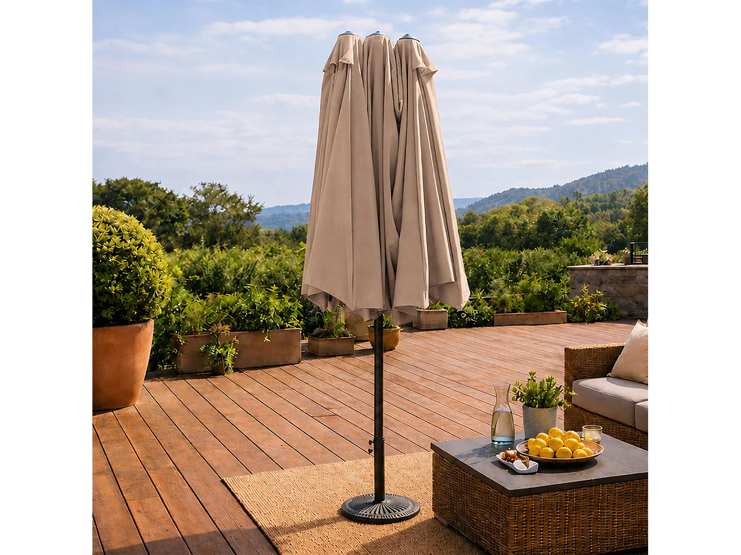 Parasol rectangulaire double 2,7x4,6m taupe VENICE