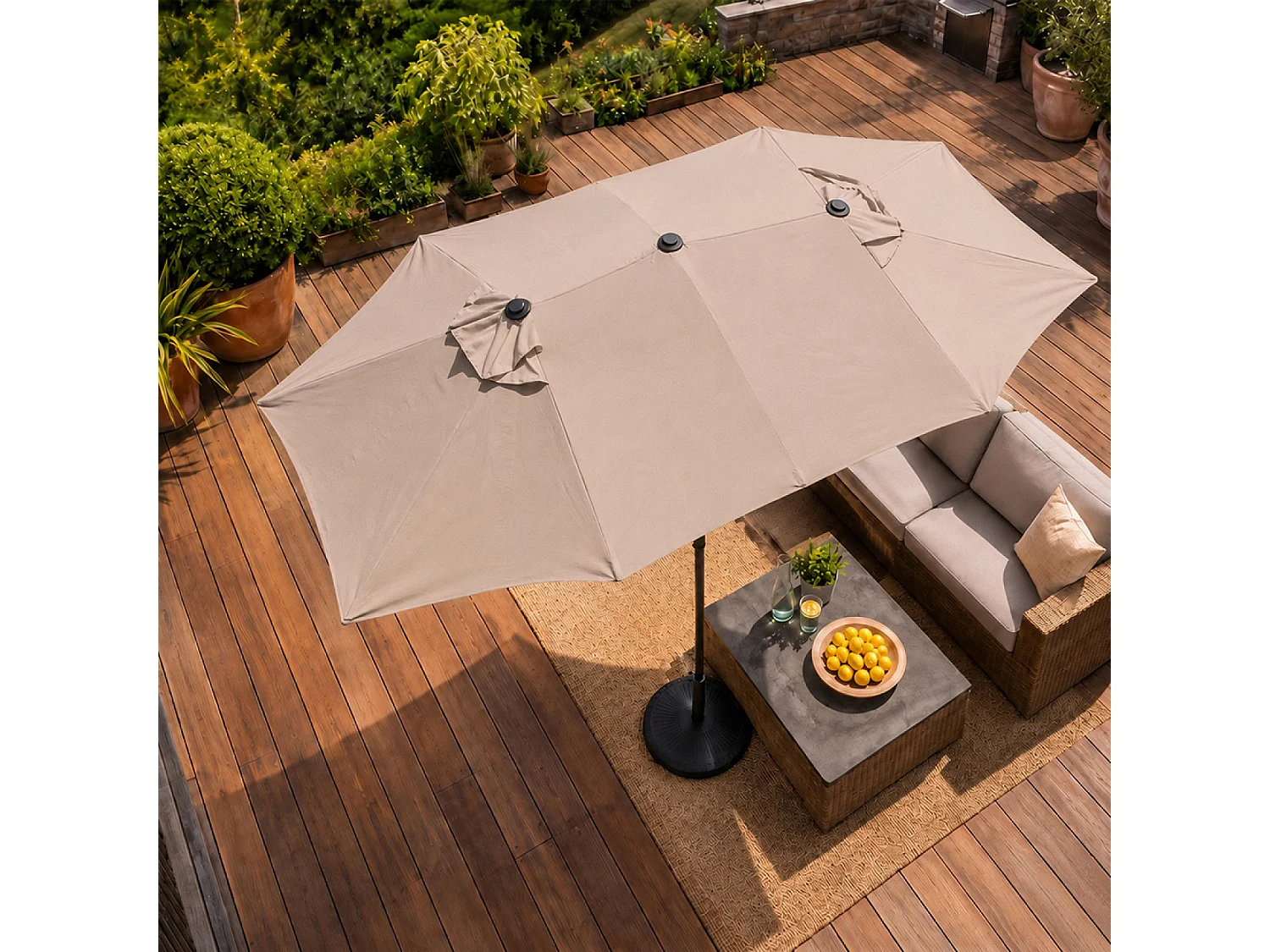 Parasol rectangulaire double 2,7x4,6m taupe VENICE