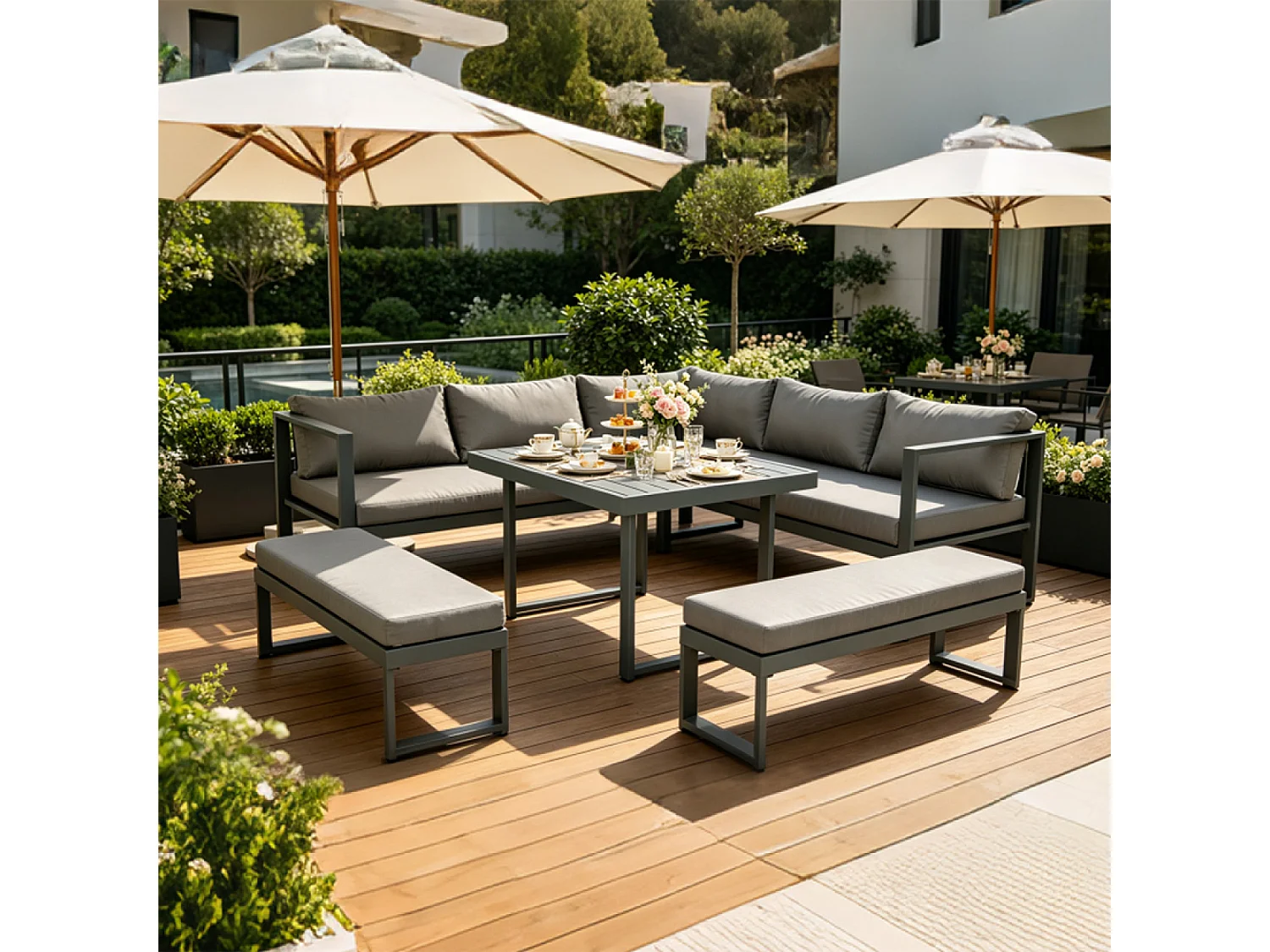 Salon de jardin gris foncé 7-9 places canapé + 2 bancs MARBELLA