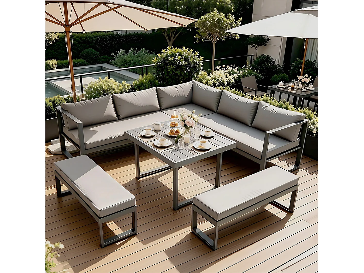 Salon de jardin gris foncé 7-9 places canapé + 2 bancs MARBELLA