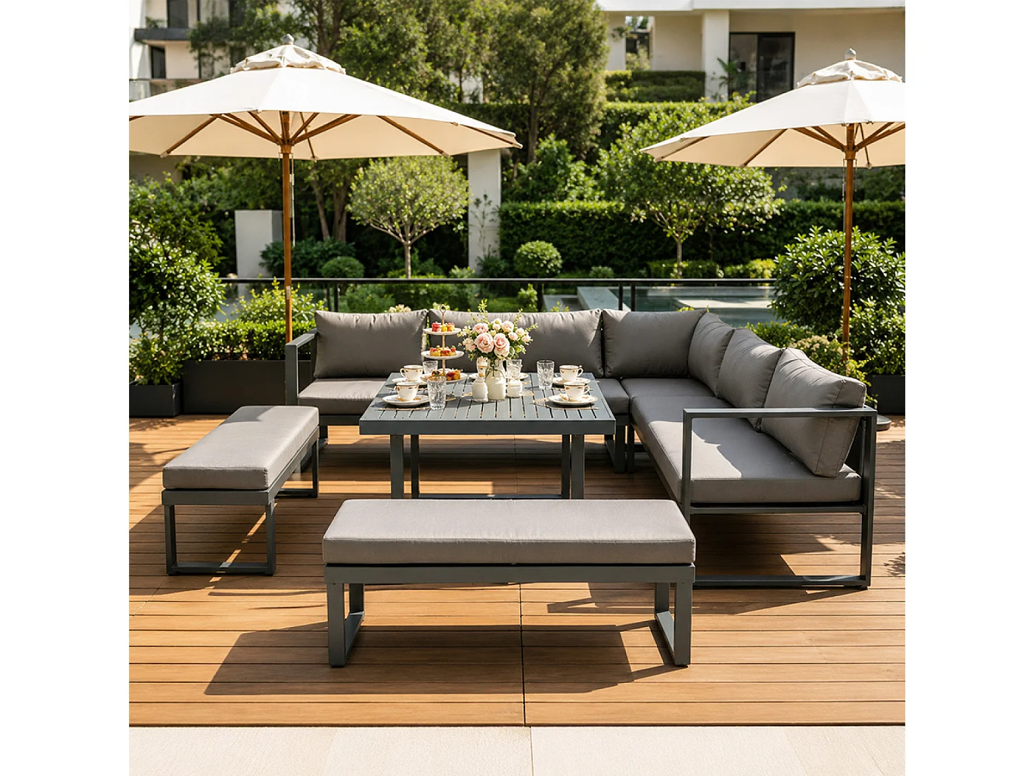 Salon de jardin gris foncé 7-9 places canapé + 2 bancs MARBELLA