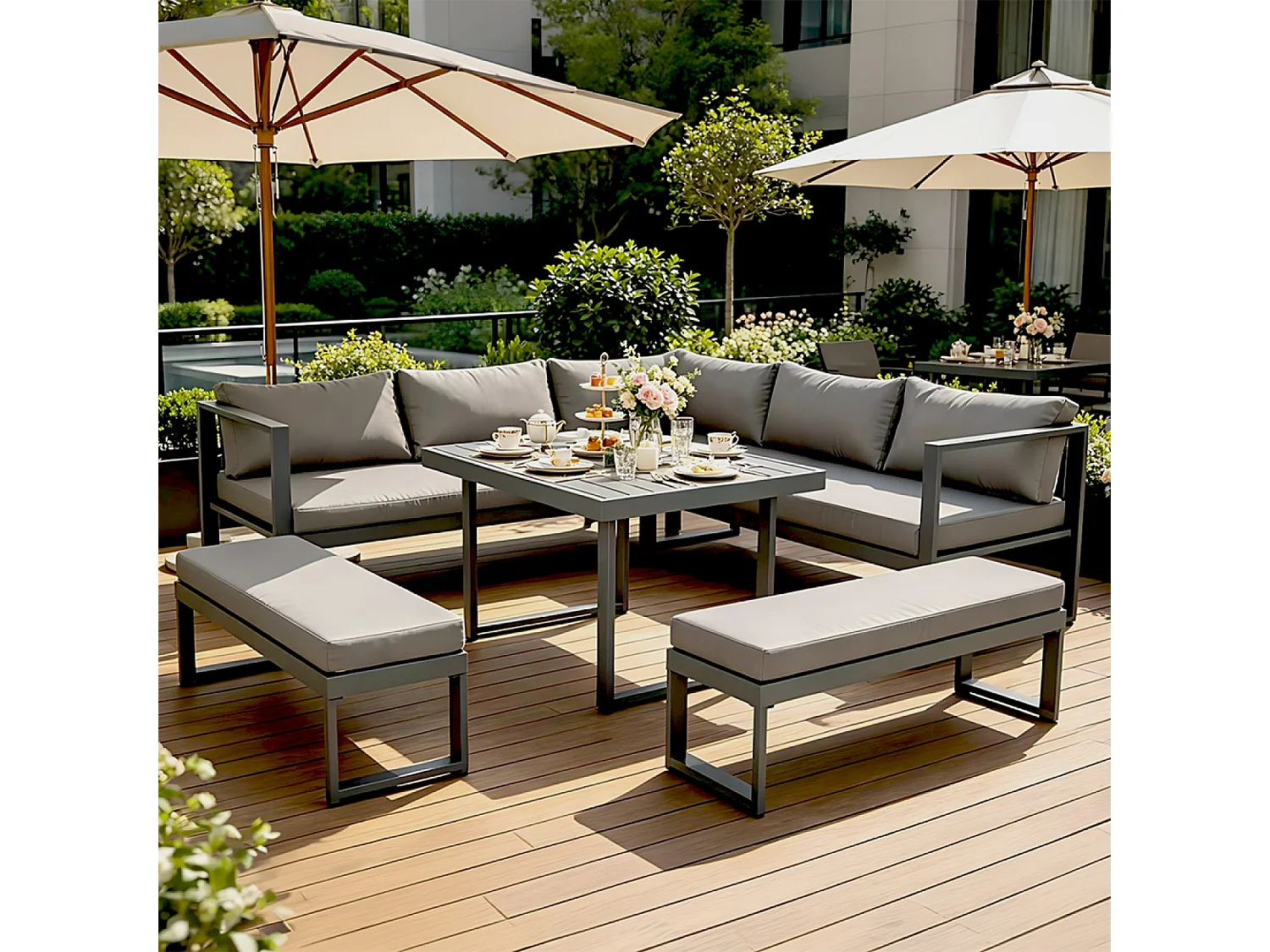Salon de jardin gris foncé 7-9 places canapé + 2 bancs MARBELLA
