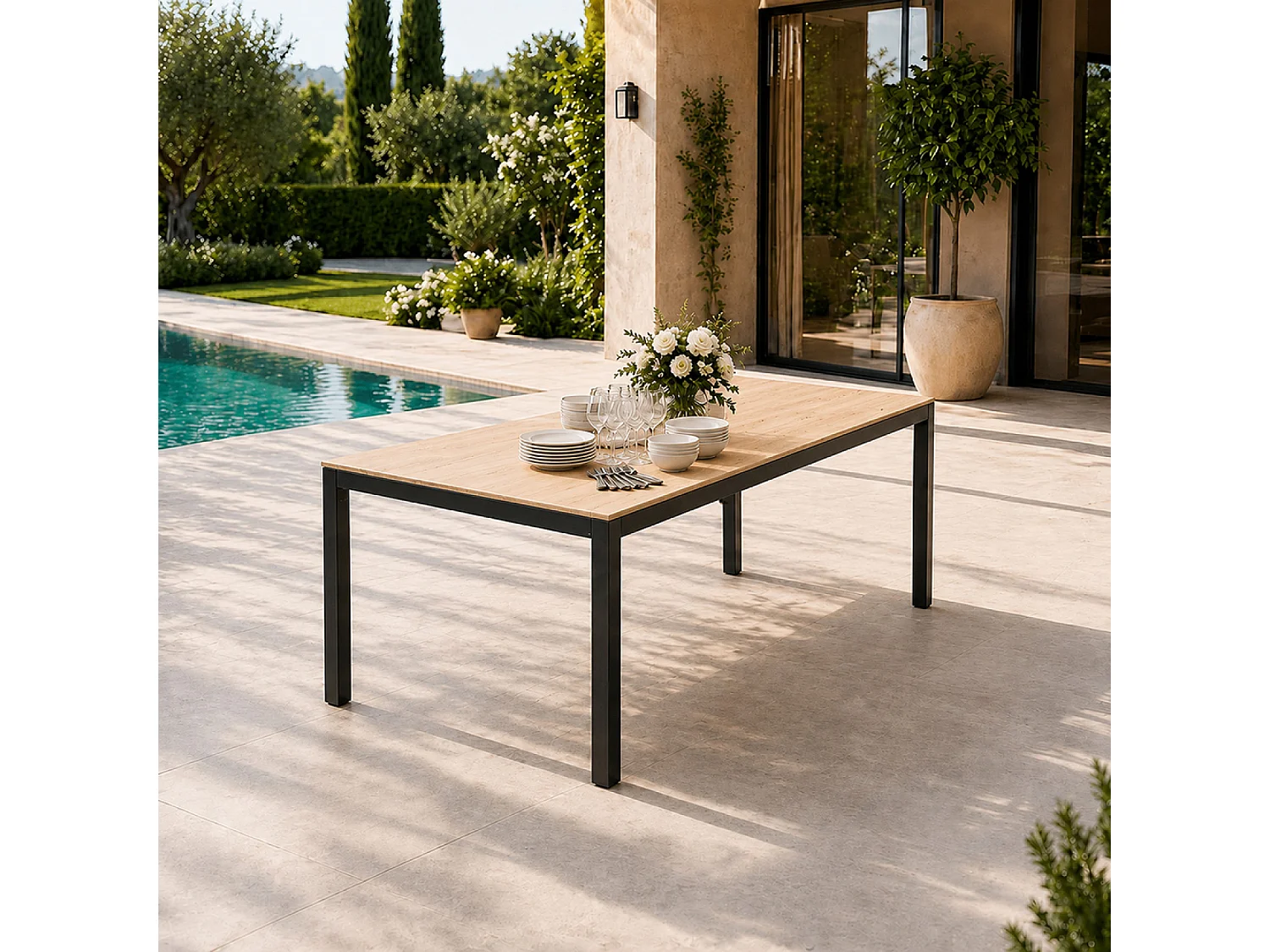 Table de jardin 190cm 8 personnes avec plateau en verre trempé effet bois BRISBANE