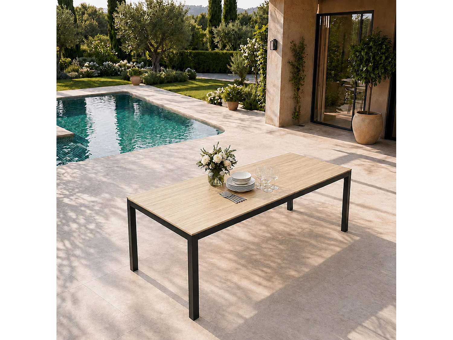 Table de jardin 190cm 8 personnes avec plateau en verre trempé effet bois BRISBANE