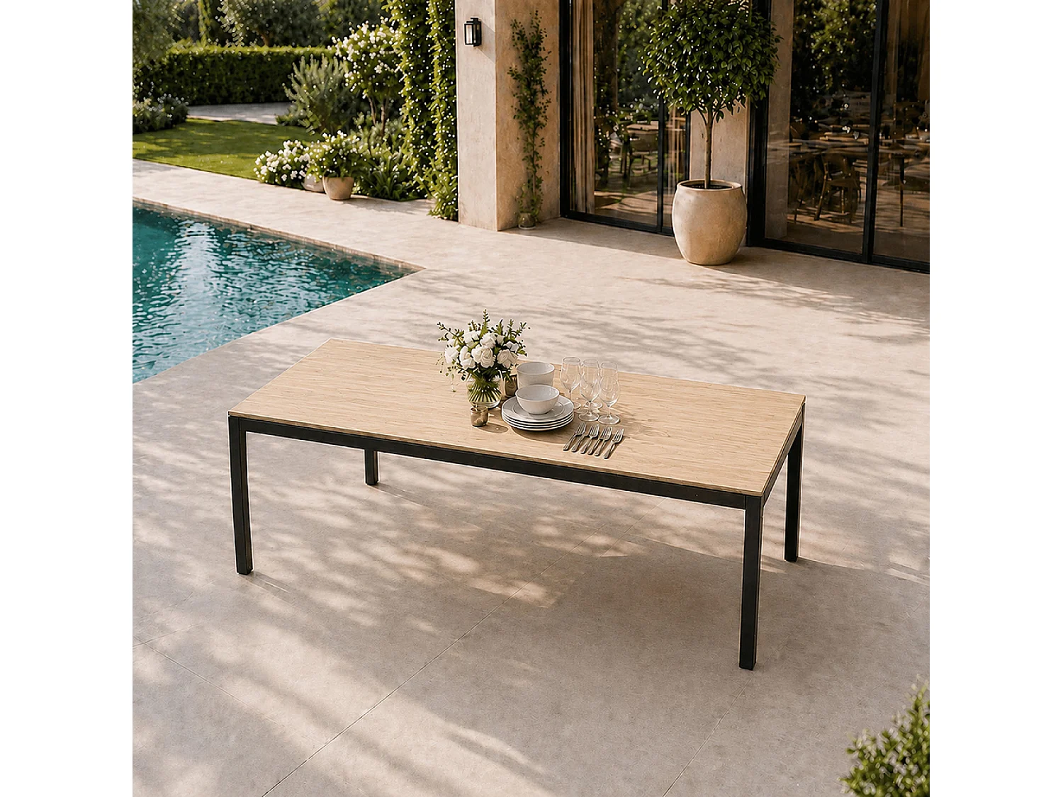 Table de jardin 190cm 8 personnes avec plateau en verre trempé effet bois BRISBANE