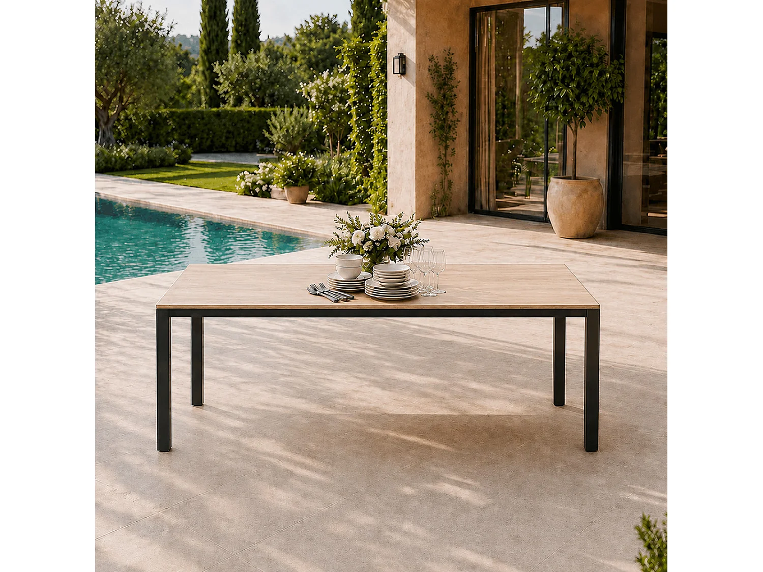 Table de jardin 190cm 8 personnes avec plateau en verre trempé effet bois BRISBANE
