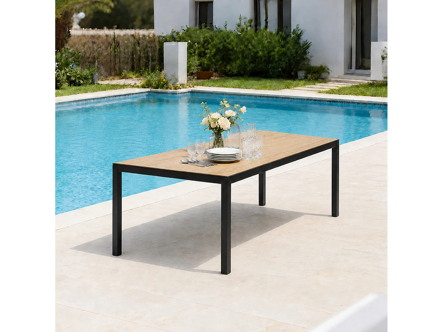 Table de jardin 240cm 10 personnes avec plateau en verre trempé effet bois BRISBANE