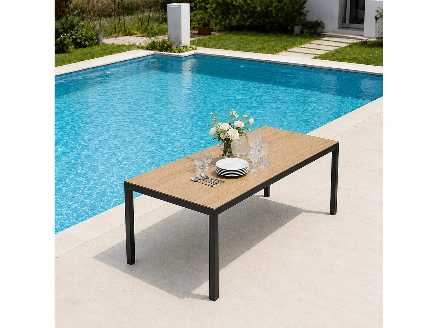 Table de jardin 240cm 10 personnes avec plateau en verre trempé effet bois BRISBANE