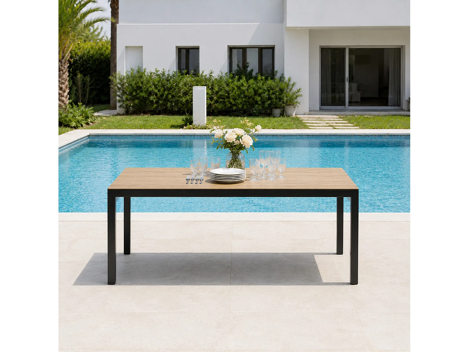 Table de jardin 240cm 10 personnes avec plateau en verre trempé effet bois BRISBANE