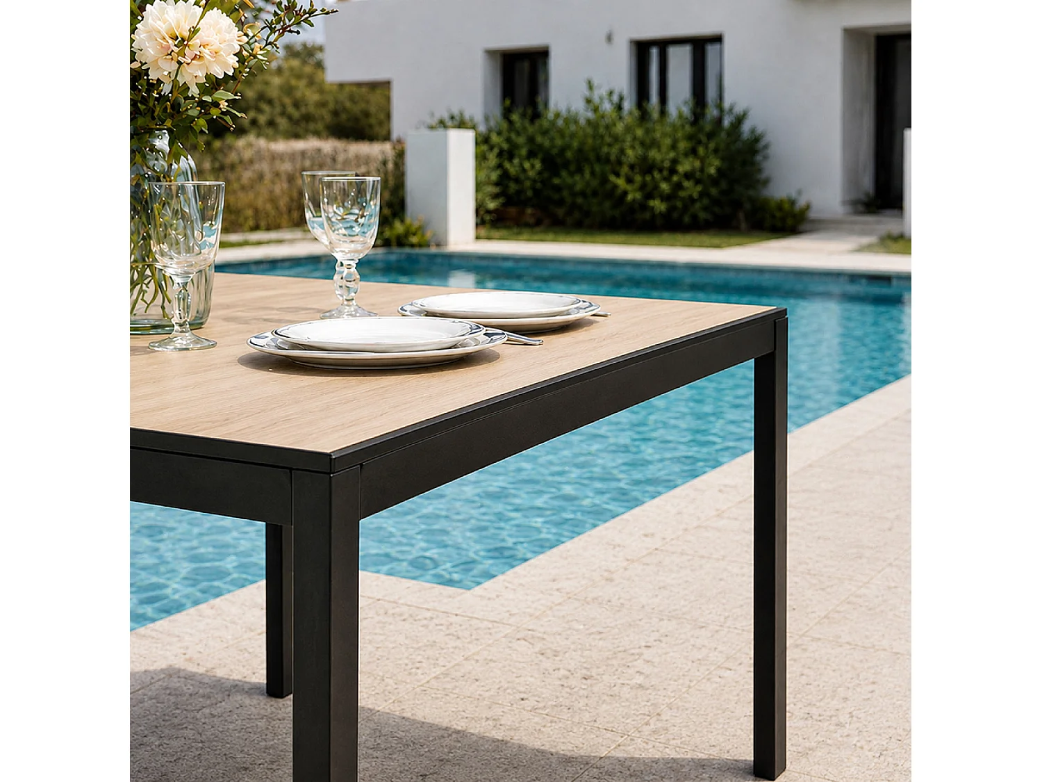 Table de jardin 240cm 10 personnes avec plateau en verre trempé effet bois BRISBANE