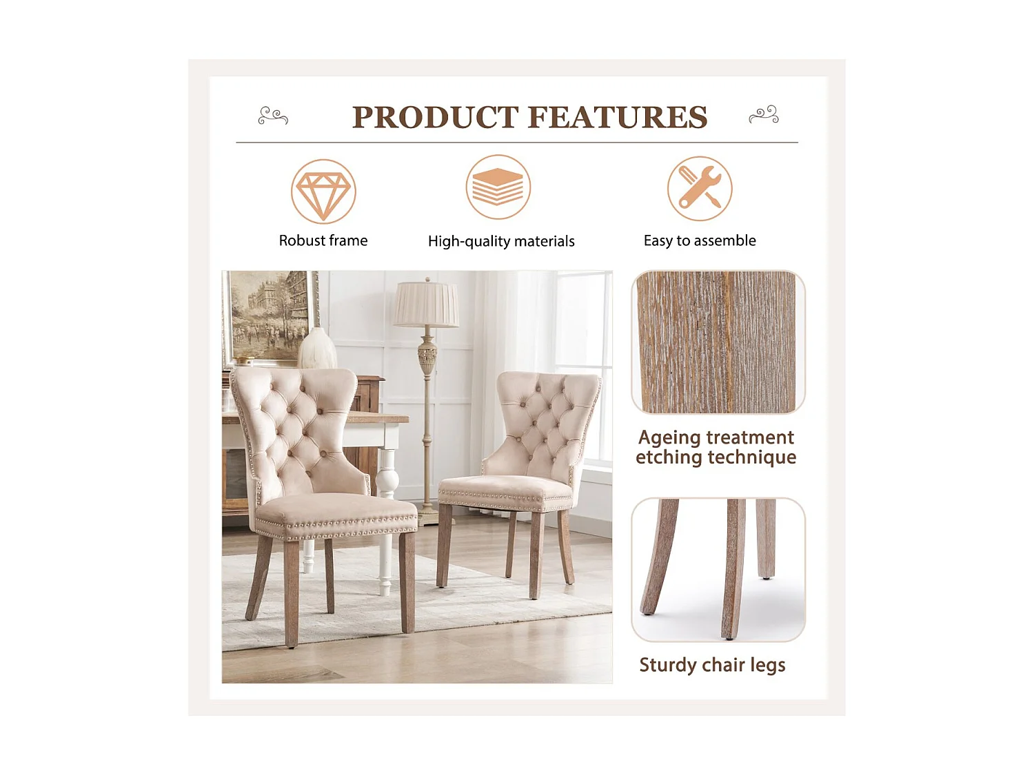 Lot de 2 chaises de salle à manger en velours beige capitonné, clous décoratifs, pieds bois patinés, style classique