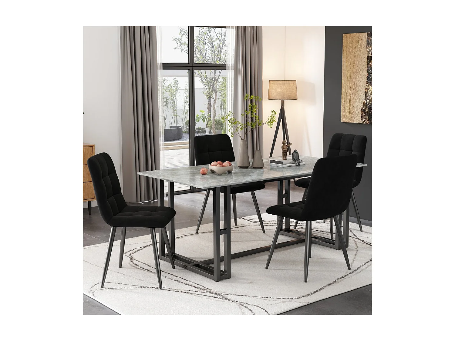 Lot de 4 chaises de salle à manger velours gris – Pieds métal, dossier capitonné, assise rembourrée