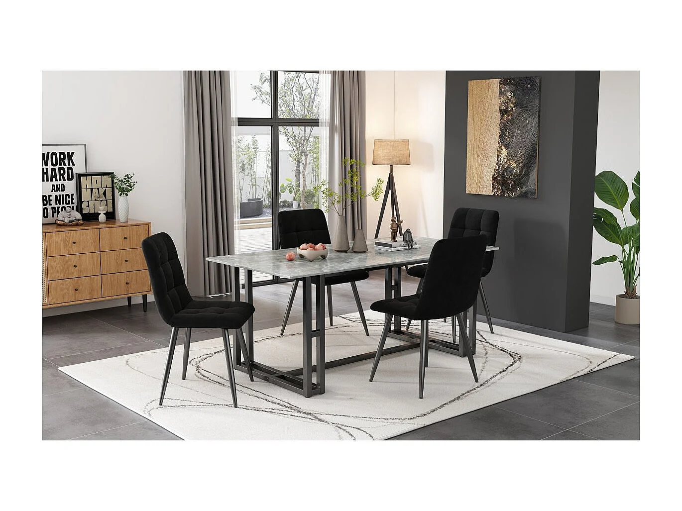 Lot de 4 chaises de salle à manger velours gris – Pieds métal, dossier capitonné, assise rembourrée