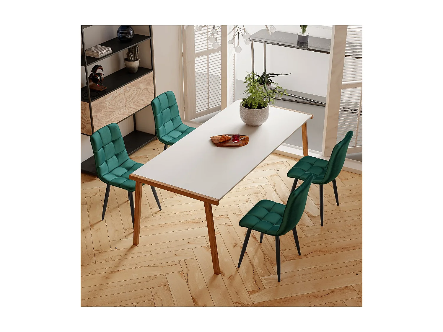 Lot de 4 chaises de salle à manger velours vert – Pieds métal, dossier capitonné, assise rembourrée