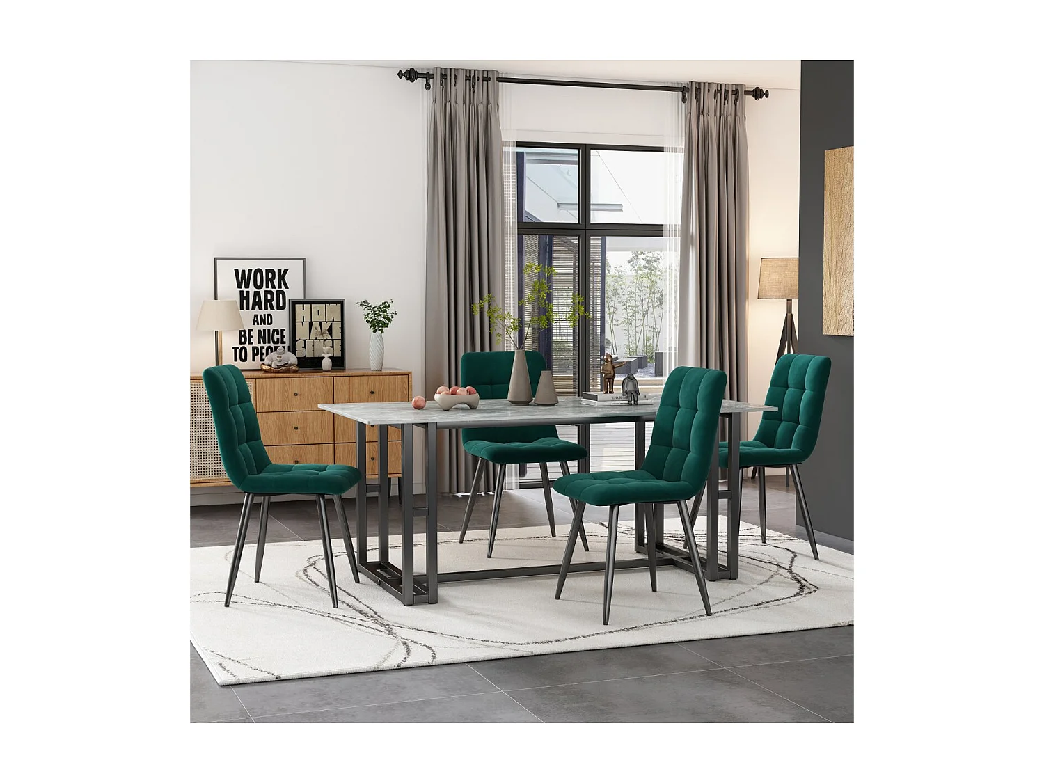 Lot de 4 chaises de salle à manger velours vert – Pieds métal, dossier capitonné, assise rembourrée