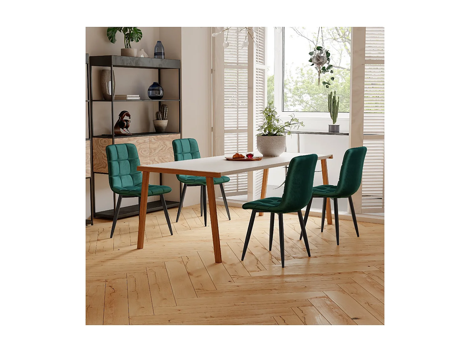 Lot de 4 chaises de salle à manger velours vert – Pieds métal, dossier capitonné, assise rembourrée