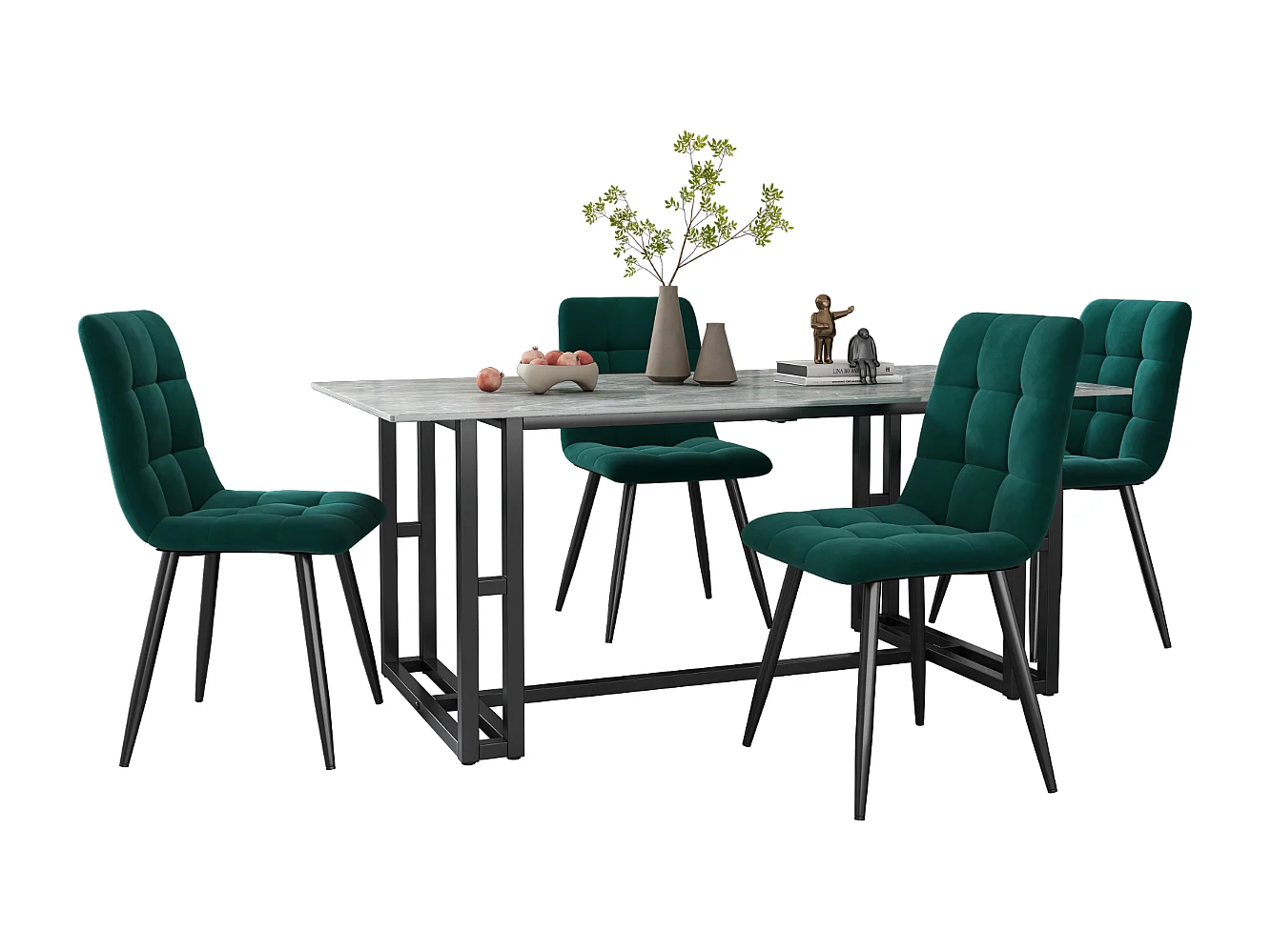 Lot de 4 chaises de salle à manger velours vert – Pieds métal, dossier capitonné, assise rembourrée