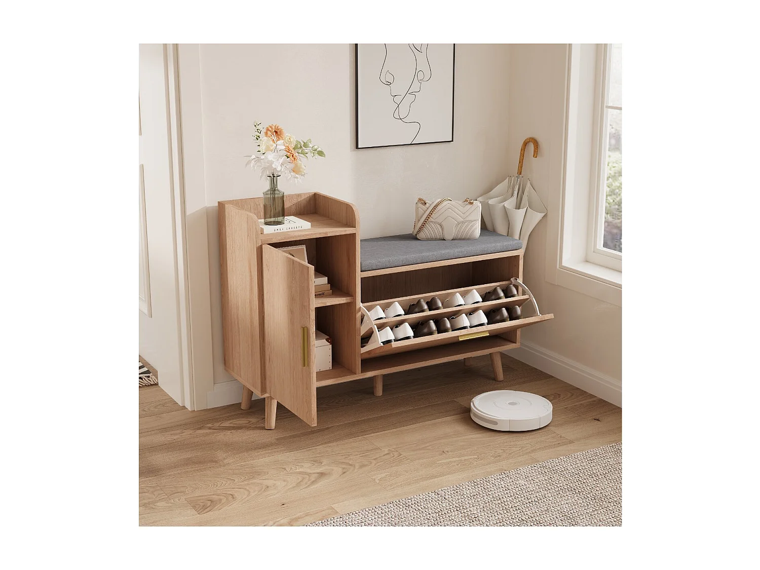 Meuble à chaussures avec banc 34 cm, rangement basculant, étagères latérales, meuble entrée bois naturel