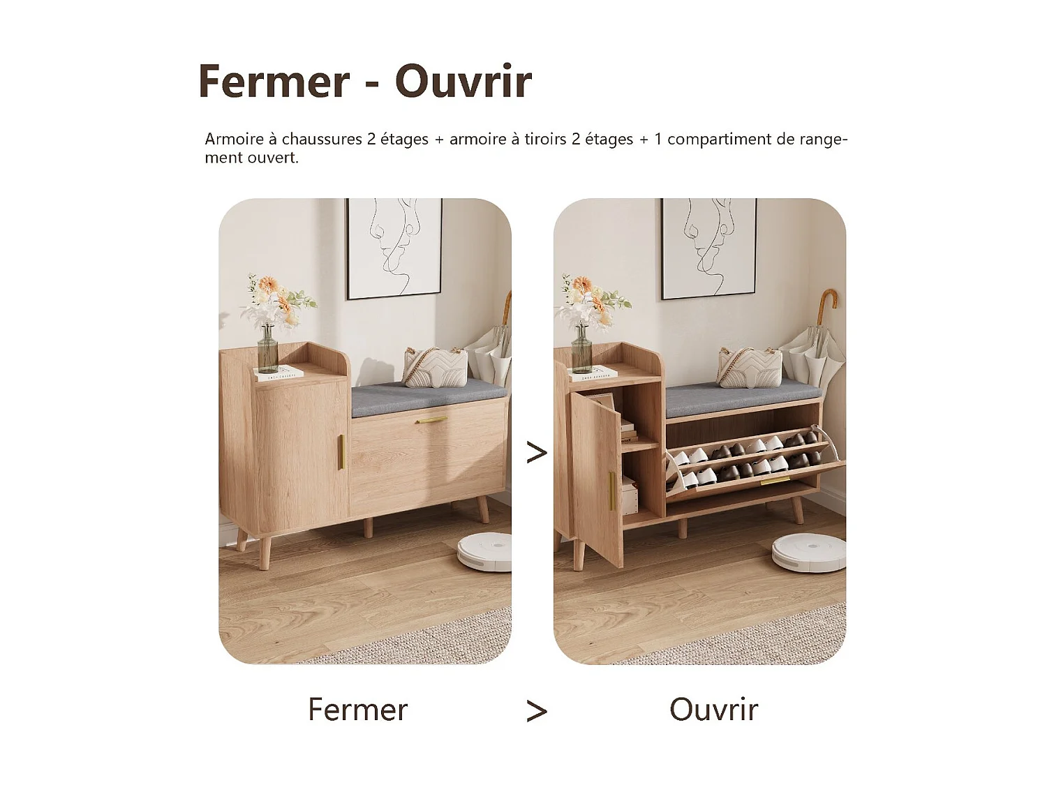 Meuble à chaussures avec banc 34 cm, rangement basculant, étagères latérales, meuble entrée bois naturel